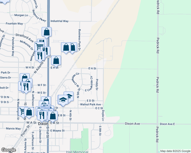 map of restaurants, bars, coffee shops, grocery stores, and more near 630 East Creekside Circle in Dixon