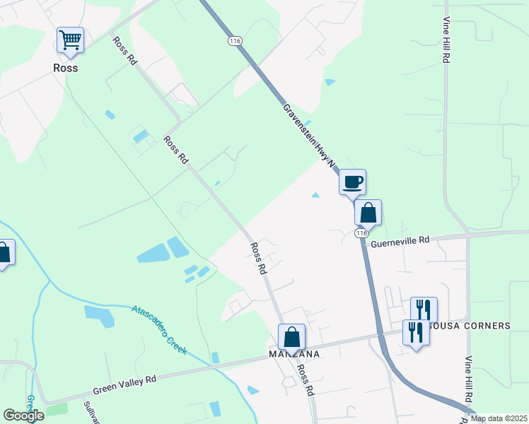 map of restaurants, bars, coffee shops, grocery stores, and more near 4515 Ross Road in Sebastopol