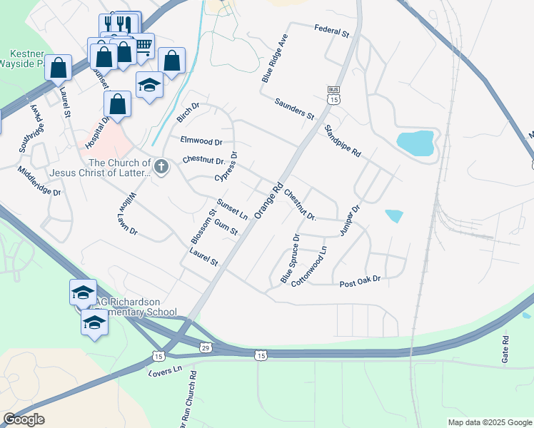map of restaurants, bars, coffee shops, grocery stores, and more near 2125 Orange Road in Culpeper