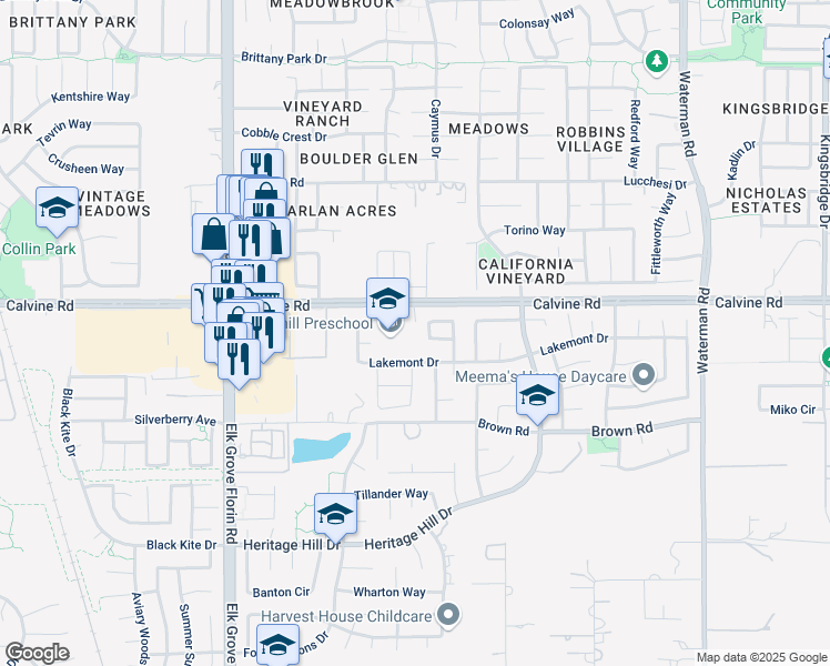 map of restaurants, bars, coffee shops, grocery stores, and more near 9046 Lakemont Drive in Elk Grove