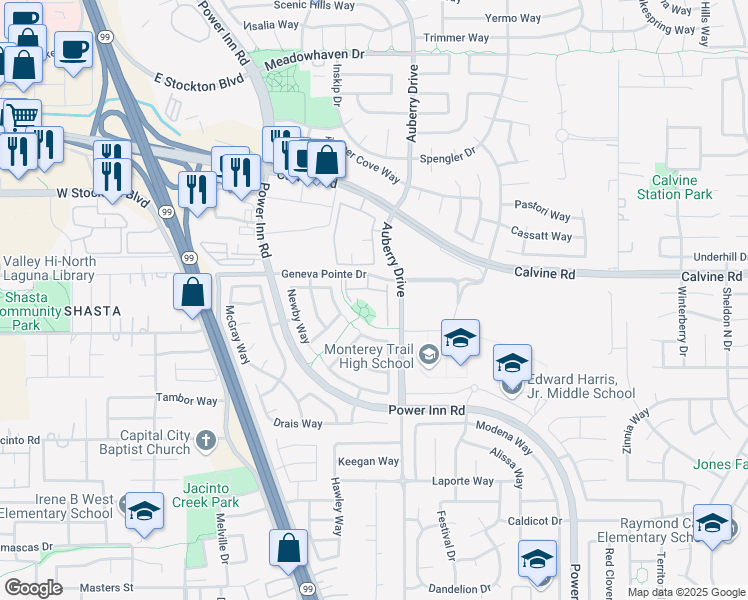 map of restaurants, bars, coffee shops, grocery stores, and more near 8251 Glencannon Way in Elk Grove