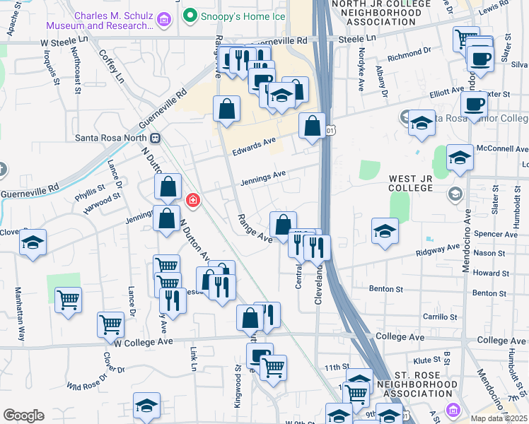 map of restaurants, bars, coffee shops, grocery stores, and more near 1354 Range Avenue in Santa Rosa