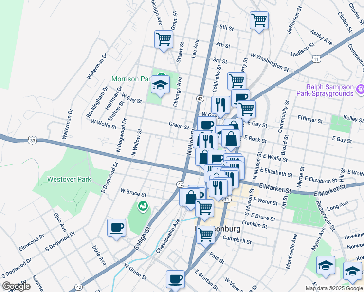 map of restaurants, bars, coffee shops, grocery stores, and more near 264 West Elizabeth Street in Harrisonburg