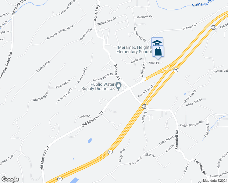 map of restaurants, bars, coffee shops, grocery stores, and more near 1495 Old Missouri 21 in Arnold