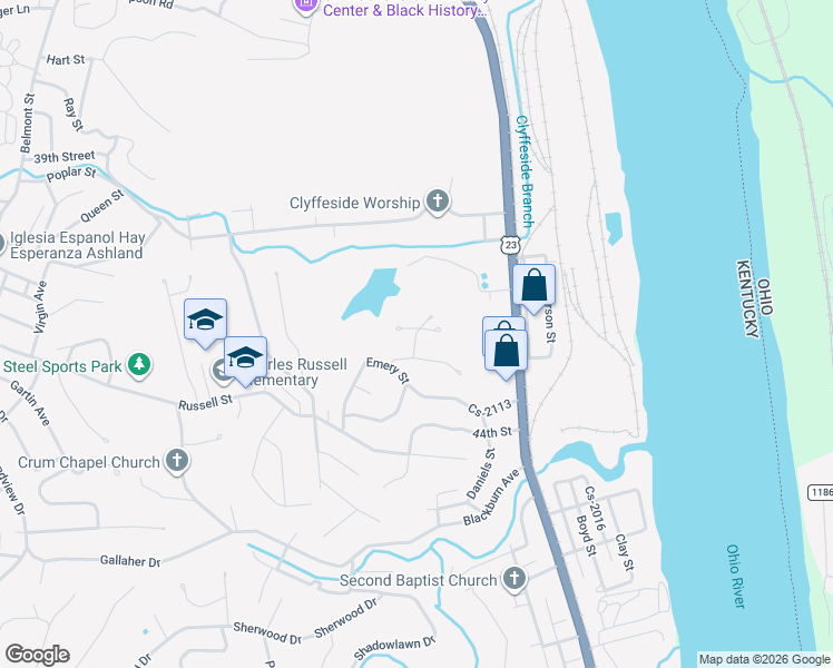 map of restaurants, bars, coffee shops, grocery stores, and more near Garden Court in Ashland