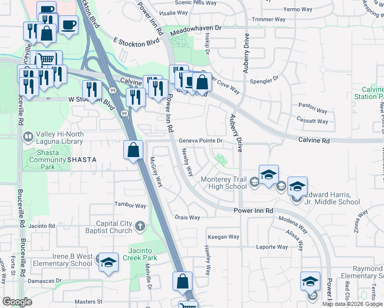map of restaurants, bars, coffee shops, grocery stores, and more near 8458 Newby Way in Elk Grove