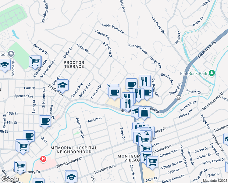 map of restaurants, bars, coffee shops, grocery stores, and more near 2017 Rogers Way in Santa Rosa