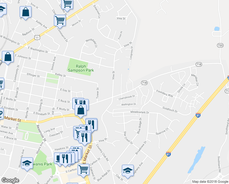 map of restaurants, bars, coffee shops, grocery stores, and more near 685 Vine Street in Harrisonburg