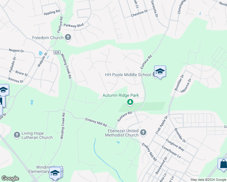 map of restaurants, bars, coffee shops, grocery stores, and more near 15 Burningbush Court in Stafford