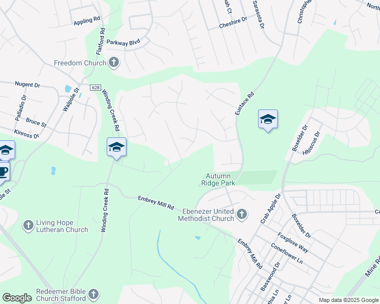 map of restaurants, bars, coffee shops, grocery stores, and more near 15 Burningbush Court in Stafford