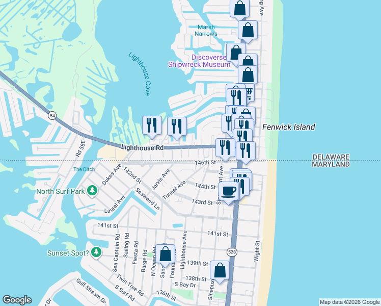 map of restaurants, bars, coffee shops, grocery stores, and more near 415A 146th Street in Ocean City