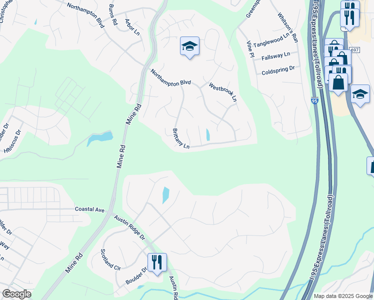 map of restaurants, bars, coffee shops, grocery stores, and more near 29 Brittany Lane in Stafford