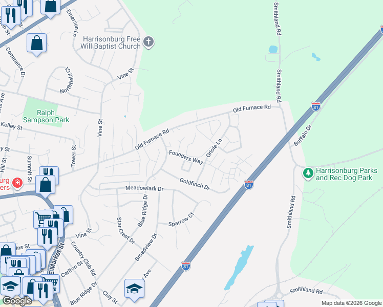 map of restaurants, bars, coffee shops, grocery stores, and more near 1133 Bluebird Court in Harrisonburg