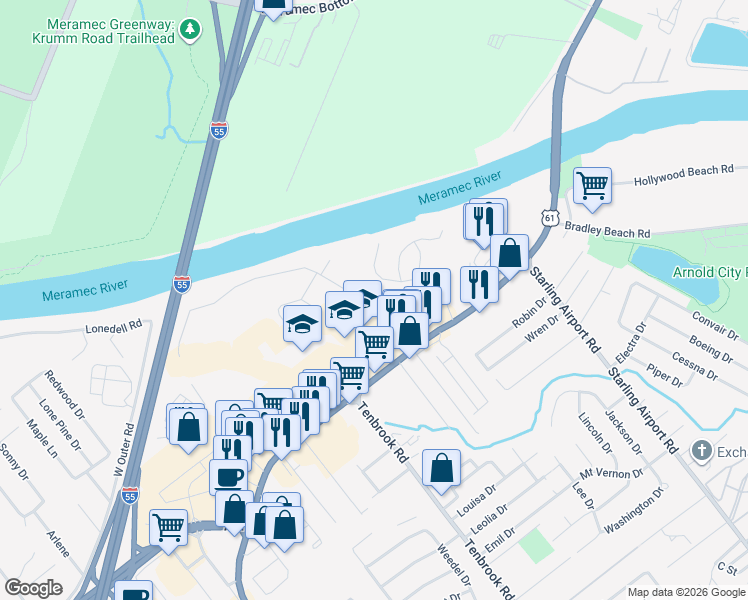 map of restaurants, bars, coffee shops, grocery stores, and more near 2383 Riverbluff Drive in Arnold