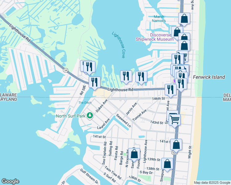 map of restaurants, bars, coffee shops, grocery stores, and more near 39620 East Sun Drive in Fenwick Island