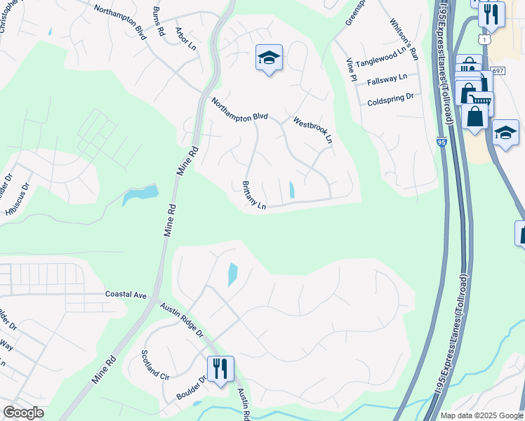 map of restaurants, bars, coffee shops, grocery stores, and more near 29 Brittany Lane in Stafford