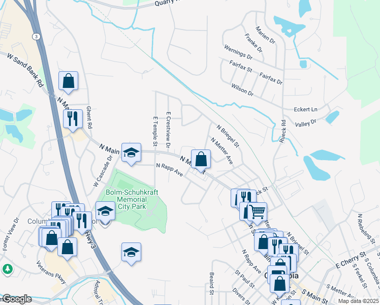 map of restaurants, bars, coffee shops, grocery stores, and more near 1020 North Main Street in Columbia