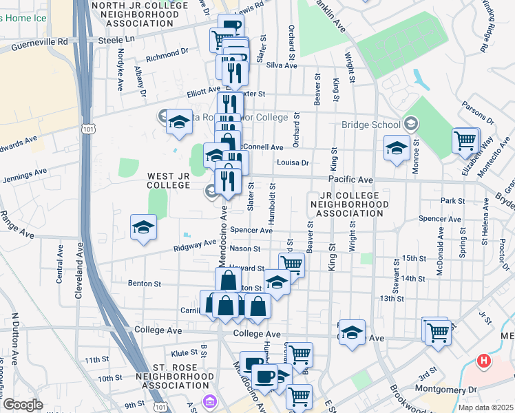 map of restaurants, bars, coffee shops, grocery stores, and more near 1153 Humboldt Street in Santa Rosa