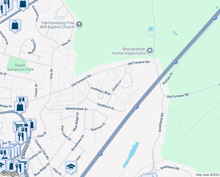 map of restaurants, bars, coffee shops, grocery stores, and more near 1094 Woodbury Circle in Harrisonburg