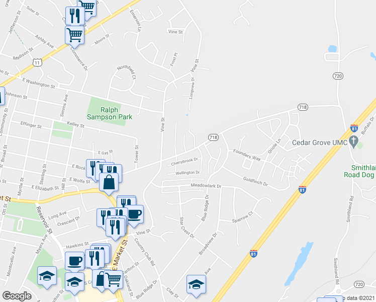 map of restaurants, bars, coffee shops, grocery stores, and more near 1106 Old Furnace Road in Harrisonburg