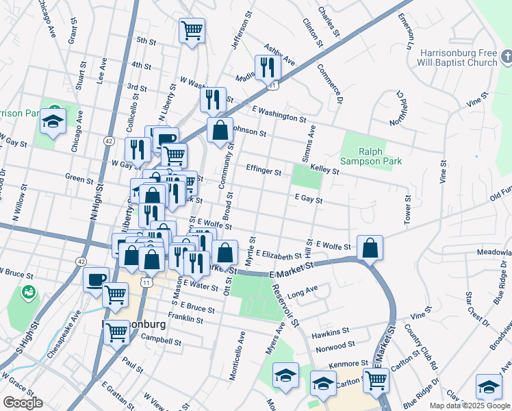 map of restaurants, bars, coffee shops, grocery stores, and more near 359 East Gay Street in Harrisonburg