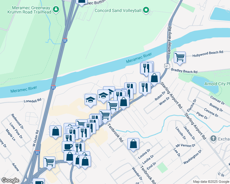 map of restaurants, bars, coffee shops, grocery stores, and more near 461 Bluffview Heights in Arnold