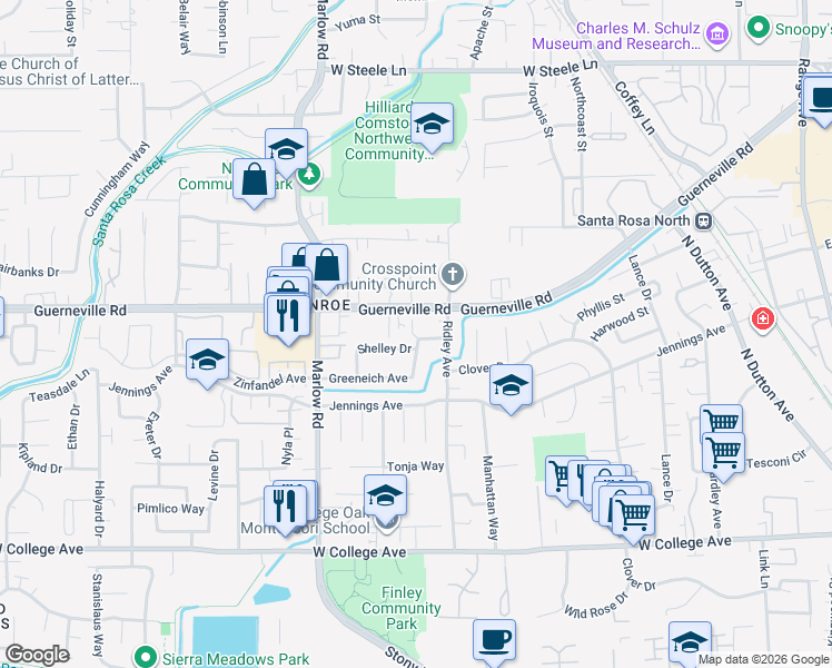 map of restaurants, bars, coffee shops, grocery stores, and more near 1676 Guerneville Road in Santa Rosa