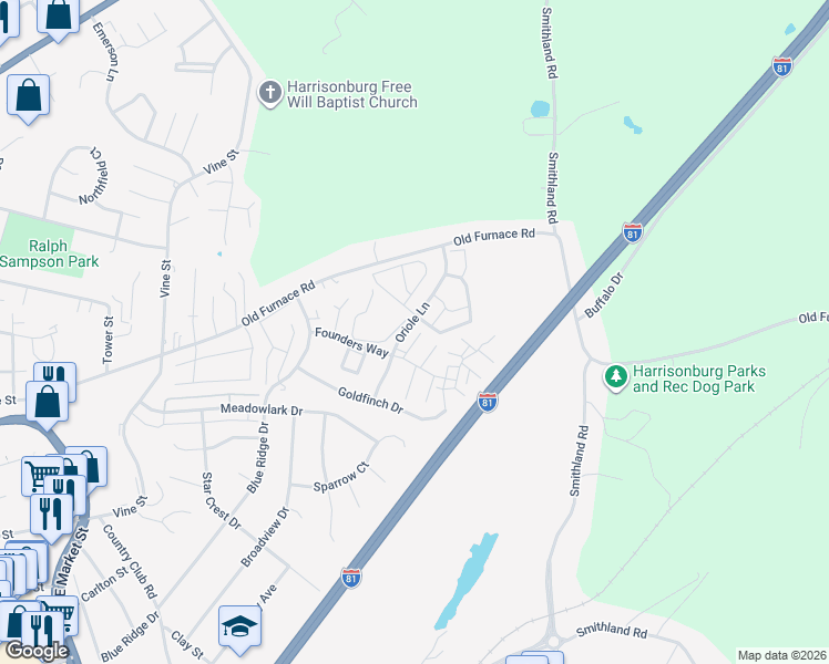 map of restaurants, bars, coffee shops, grocery stores, and more near 1130 Meridian Circle in Harrisonburg