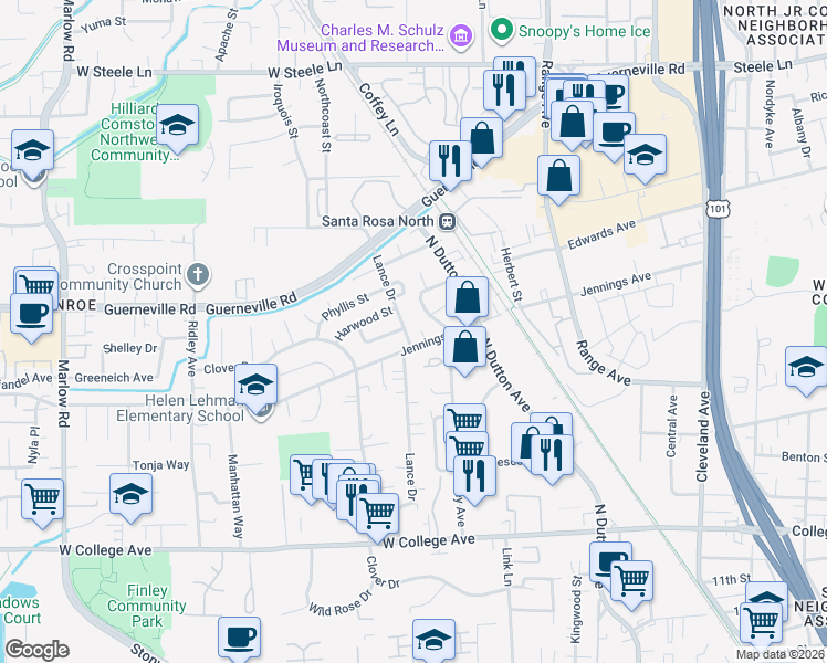 map of restaurants, bars, coffee shops, grocery stores, and more near 1163 Guaymas Street in Santa Rosa