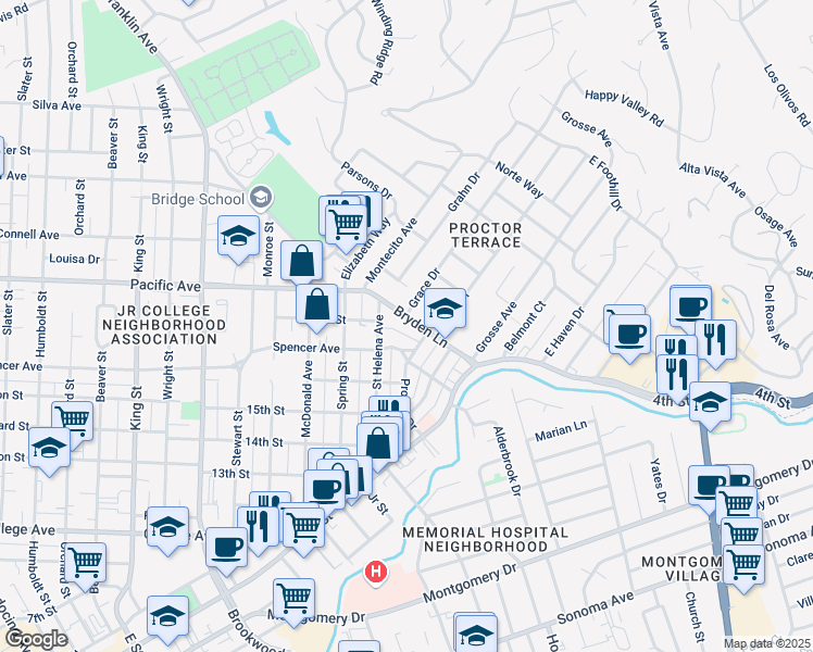 map of restaurants, bars, coffee shops, grocery stores, and more near 1638 Bryden Lane in Santa Rosa