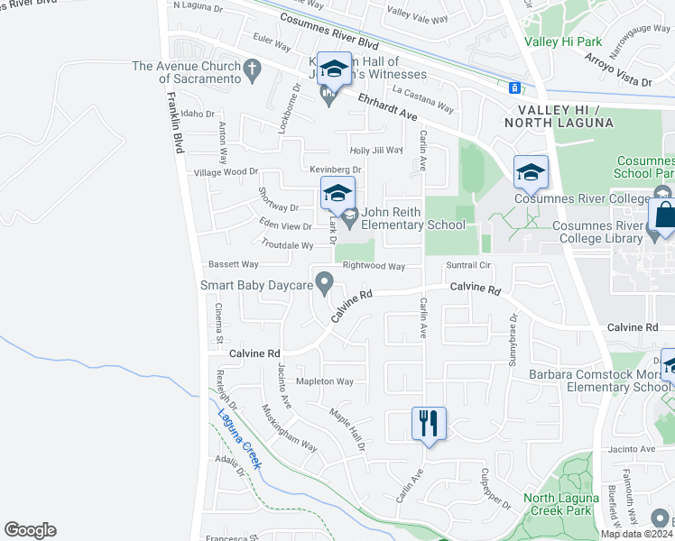 map of restaurants, bars, coffee shops, grocery stores, and more near 5700 Rightwood Way in Sacramento