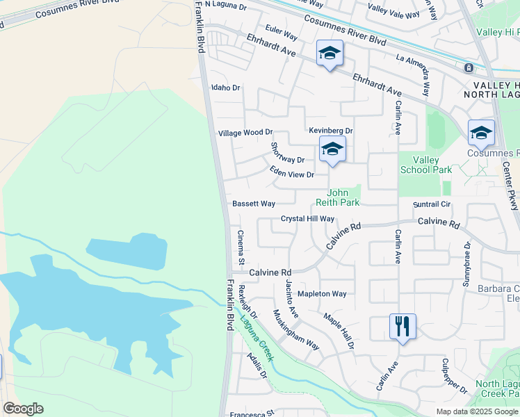map of restaurants, bars, coffee shops, grocery stores, and more near 5100 Bassett Way in Sacramento