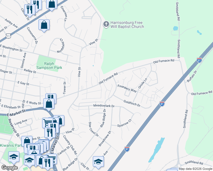 map of restaurants, bars, coffee shops, grocery stores, and more near 1215 Old Furnace Road in Harrisonburg
