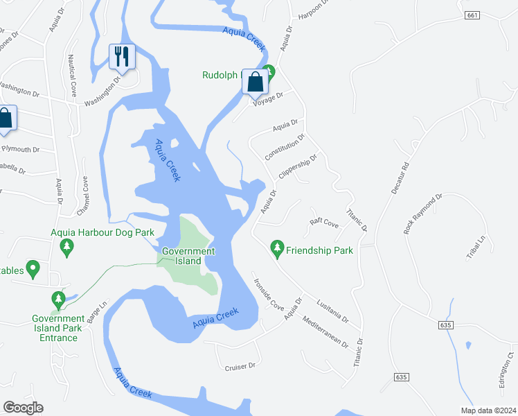 map of restaurants, bars, coffee shops, grocery stores, and more near 3413 Aquia Drive in Stafford