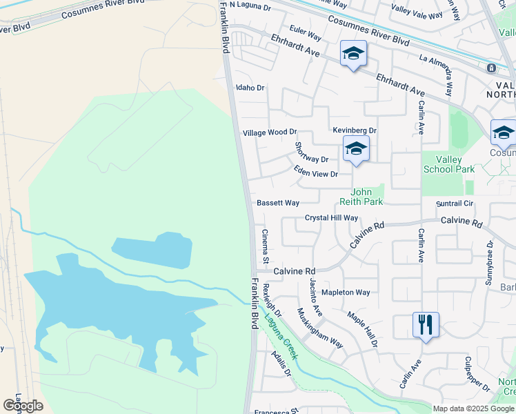 map of restaurants, bars, coffee shops, grocery stores, and more near 4921 Bassett Way in Sacramento
