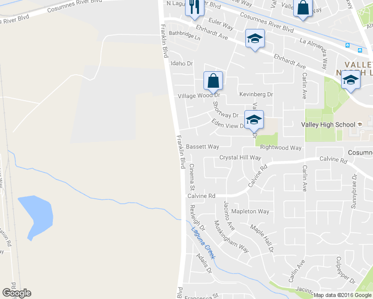 map of restaurants, bars, coffee shops, grocery stores, and more near 4921 Bassett Way in Sacramento