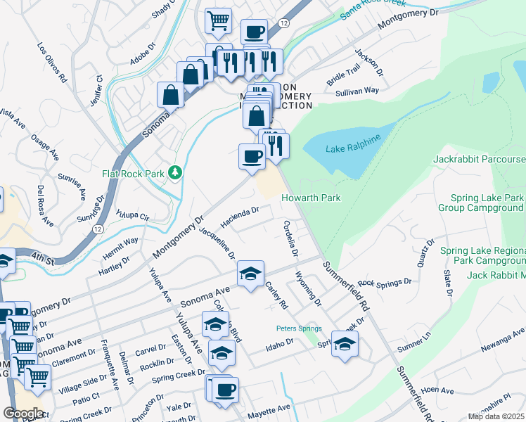 map of restaurants, bars, coffee shops, grocery stores, and more near 3657 Ahl Park Court in Santa Rosa