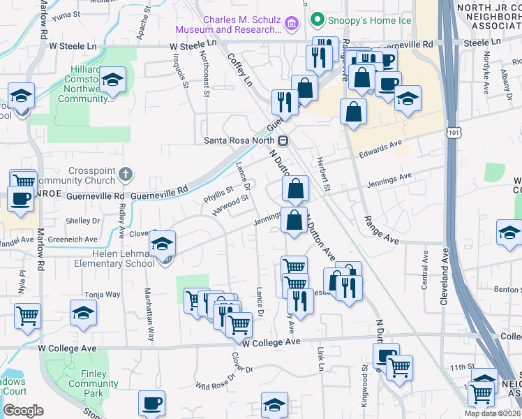 map of restaurants, bars, coffee shops, grocery stores, and more near 1163 Guaymas Street in Santa Rosa