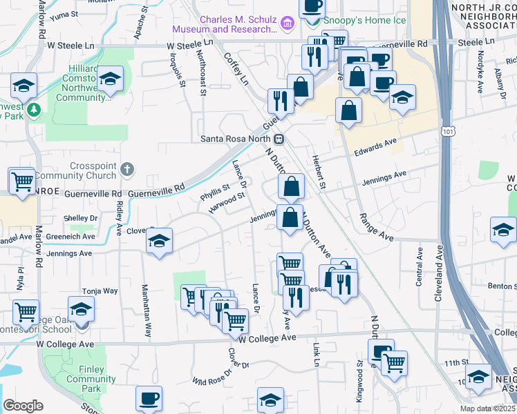 map of restaurants, bars, coffee shops, grocery stores, and more near 1512 Lance Drive in Santa Rosa