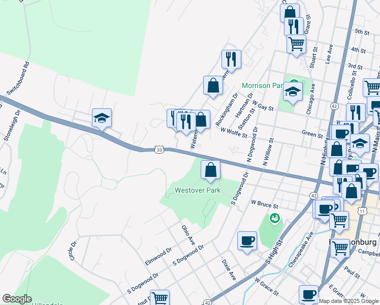 map of restaurants, bars, coffee shops, grocery stores, and more near 924 West Market Street in Harrisonburg