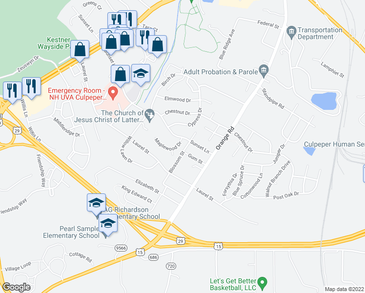 map of restaurants, bars, coffee shops, grocery stores, and more near 2205 Maplewood Drive in Culpeper