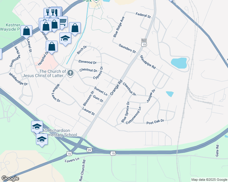 map of restaurants, bars, coffee shops, grocery stores, and more near 2125 Orange Road in Culpeper