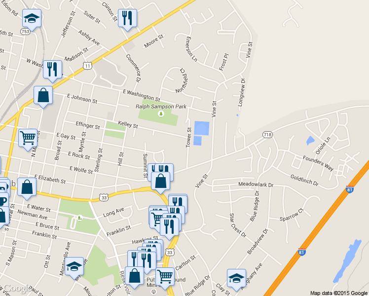 map of restaurants, bars, coffee shops, grocery stores, and more near 660 Tower Street in Harrisonburg