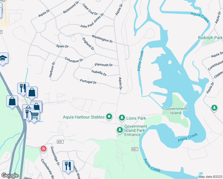 map of restaurants, bars, coffee shops, grocery stores, and more near 1053 Portugal Drive in Stafford
