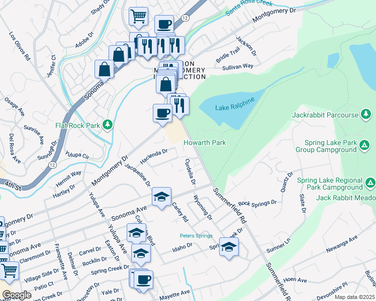map of restaurants, bars, coffee shops, grocery stores, and more near 630 Summerfield Road in Santa Rosa