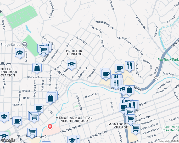 map of restaurants, bars, coffee shops, grocery stores, and more near 2030 Augustan Avenue in Santa Rosa