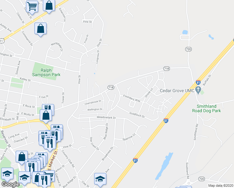 map of restaurants, bars, coffee shops, grocery stores, and more near 1121 Blue Ridge Drive in Harrisonburg