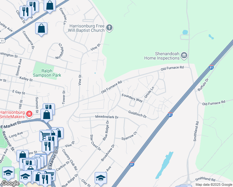 map of restaurants, bars, coffee shops, grocery stores, and more near 1231 Old Furnace Road in Harrisonburg