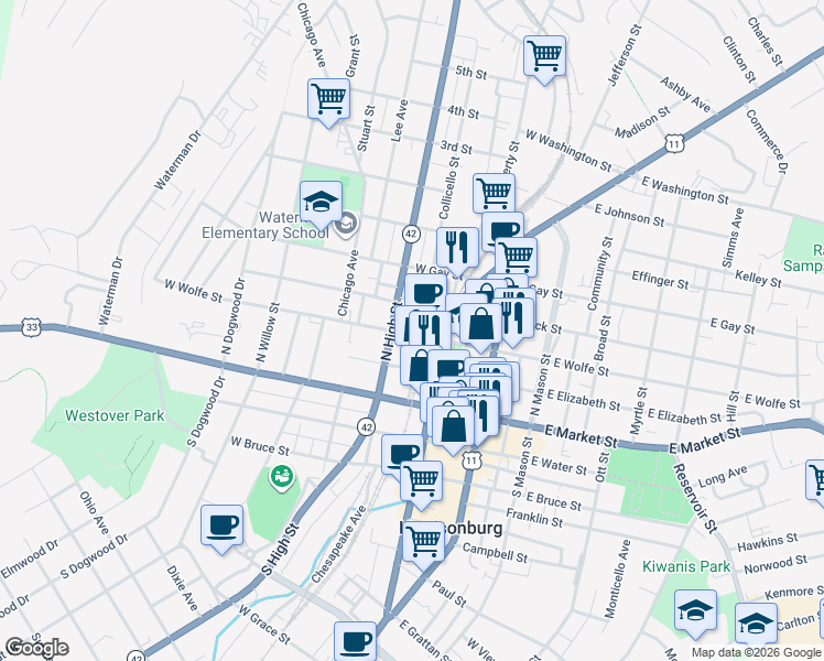 map of restaurants, bars, coffee shops, grocery stores, and more near 240 North High Street in Harrisonburg