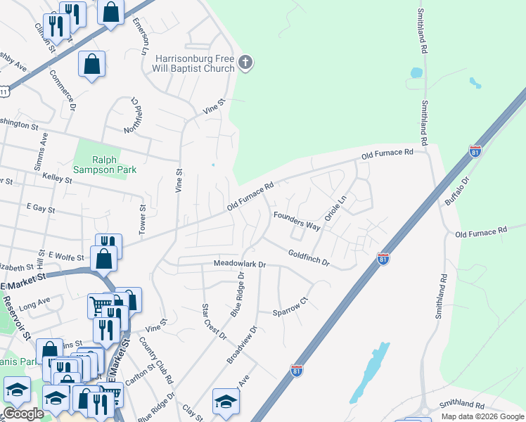 map of restaurants, bars, coffee shops, grocery stores, and more near 1121 Blue Ridge Drive in Harrisonburg